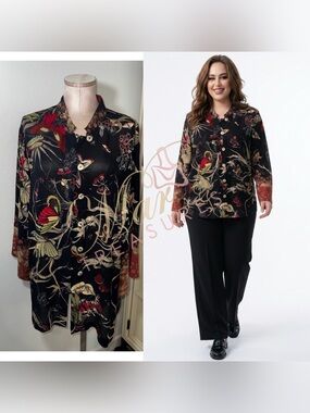 Citron 100% Silk Black Floral Button Down Blouse Sz 1X